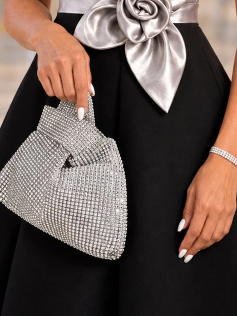 Silver Rhinestone Crystal Hobo Evening Bag Clutch Wedding Prom Party